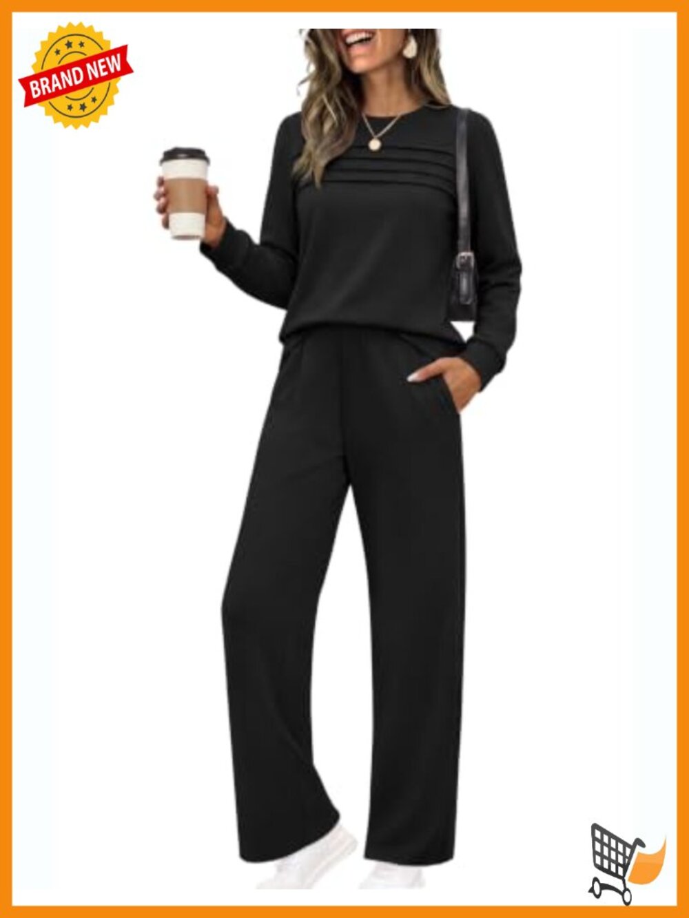 Two Piece Lounge Set Long Sleeve Pleated Top Wide Leg Pants Travel